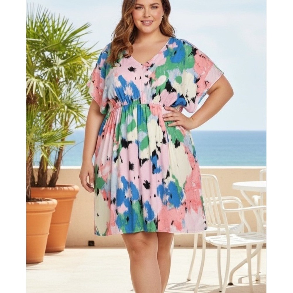 Ava & Viv Plus‎ Size 2X Multi Floral Print Elastic Waist V Neck Midi Dress NEW